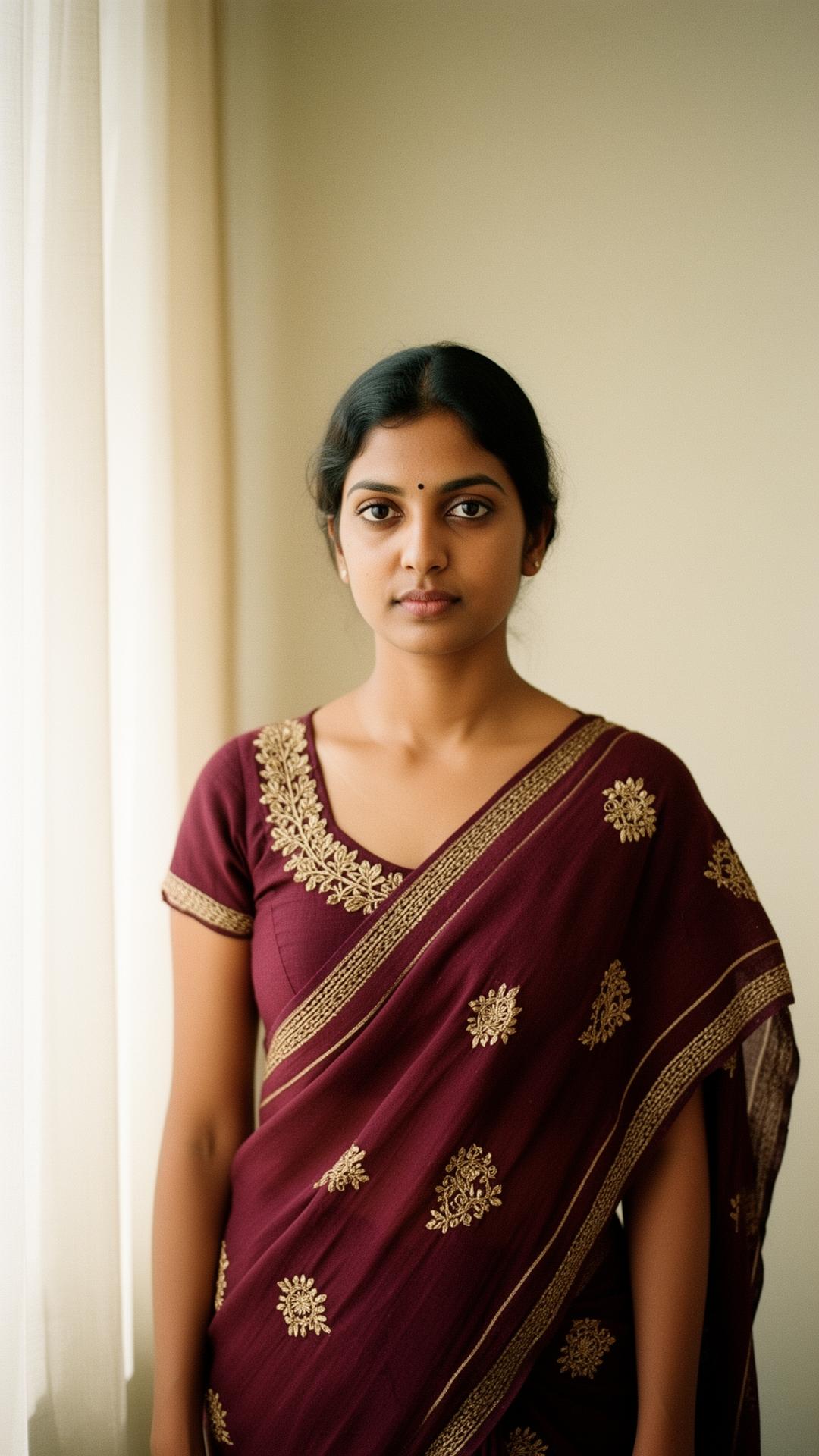 Woman in a deep burgundy handmade sari top with gold embroidery